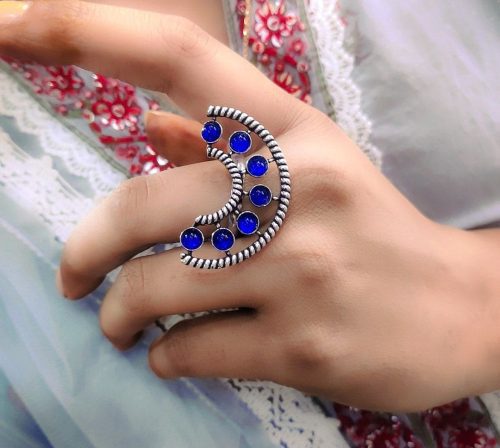 Half Round Shape Silver Plated Oxidised Stone Work Adjustable Rings - Image 7