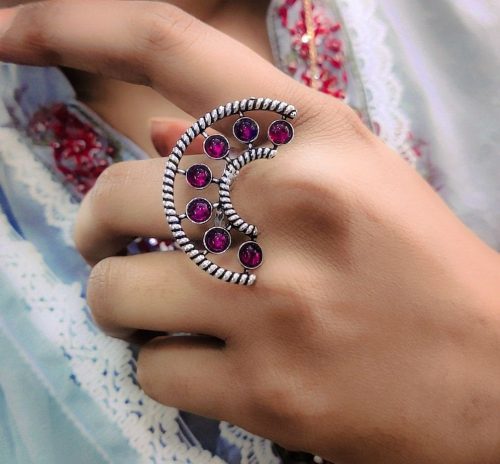Half Round Shape Silver Plated Oxidised Stone Work Adjustable Rings - Image 5