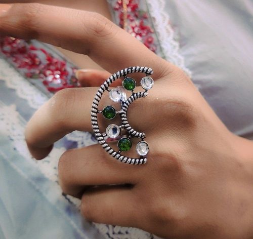 Half Round Shape Silver Plated Oxidised Stone Work Adjustable Rings - Image 6