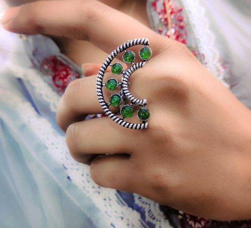 Half Round Shape Silver Plated Oxidised Stone Work Adjustable Rings - Image 4