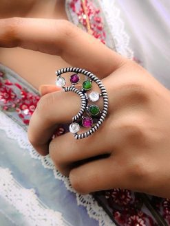 Half Round Shape Silver Plated Oxidised Stone Work Adjustable Rings