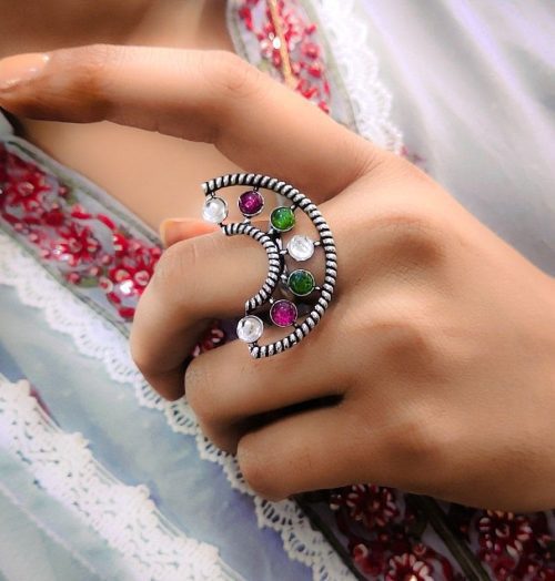 Half Round Shape Silver Plated Oxidised Stone Work Adjustable Rings