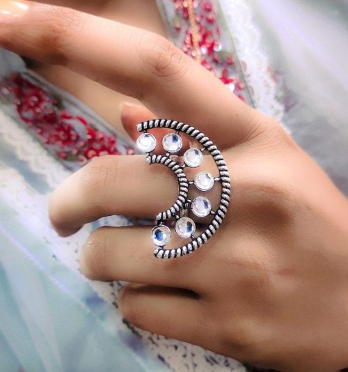 Half Round Shape Silver Plated Oxidised Stone Work Adjustable Rings - Image 3