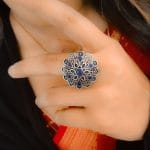 Designer Flower Silver Plated Round Oxidised Stone Work Rings