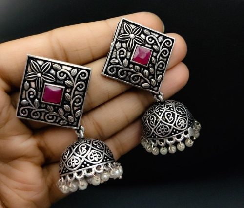 Jhumka Earrings in Oxidised Silver Plated With Square Stud - Image 3