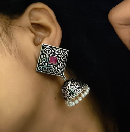 Jhumka Earrings in Oxidised Silver Plated With Square Stud
