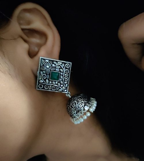 Jhumka Earrings in Oxidised Silver Plated With Square Stud - Image 4