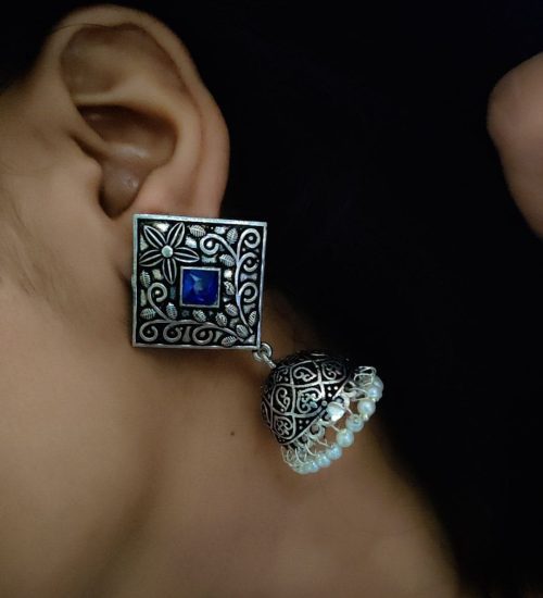 Jhumka Earrings in Oxidised Silver Plated With Square Stud - Image 5