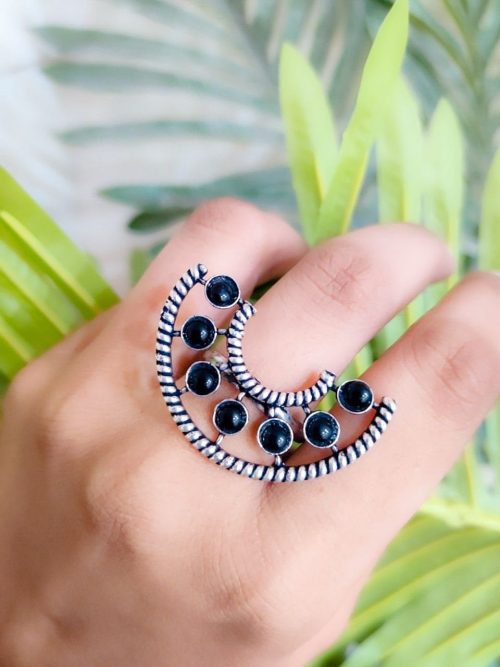 Half Round Shape Silver Plated Oxidised Stone Work Adjustable Rings - Image 9