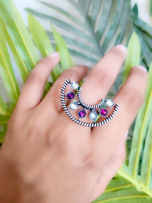 Half Round Shape Silver Plated Oxidised Stone Work Adjustable Rings - Image 11