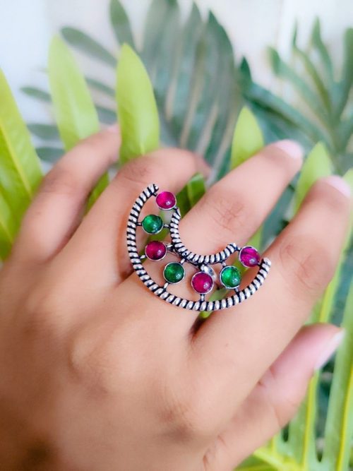 Half Round Shape Silver Plated Oxidised Stone Work Adjustable Rings - Image 10