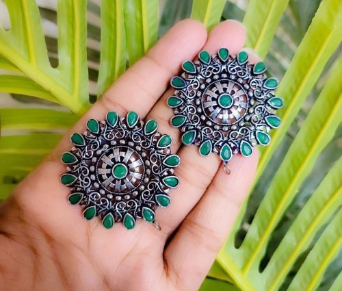 Silver Plated Round Shape Oxidised Stud Earrings For Girls - Image 2
