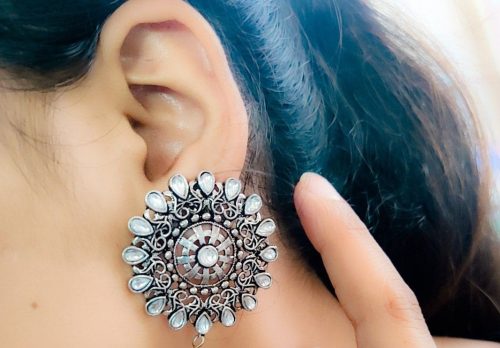 Silver Plated Round Shape Oxidised Stud Earrings For Girls - Image 4