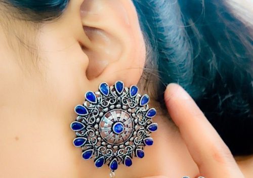 Silver Plated Round Shape Oxidised Stud Earrings For Girls - Image 3