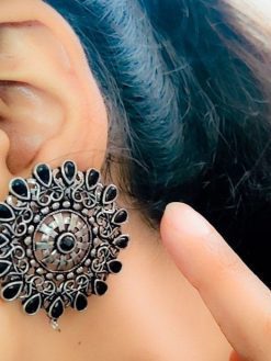 Silver Plated Round Shape Oxidised Stud Earrings For Girls