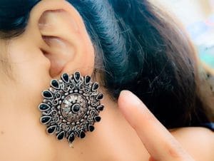 Silver Plated Round Shape Oxidised Stud Earrings For Girls - Color: "Black"