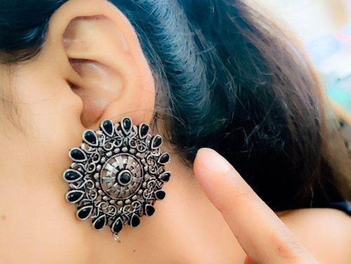 Silver Plated Round Shape Oxidised Stud Earrings For Girls