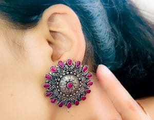 Silver Plated Round Shape Oxidised Stud Earrings For Girls - Color: "Pink"