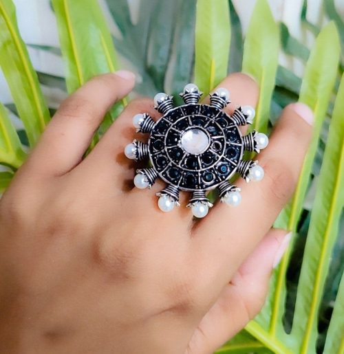 Oxidised Silver Plated Rings With Pearl Work for a Timeless Appeal - Image 2