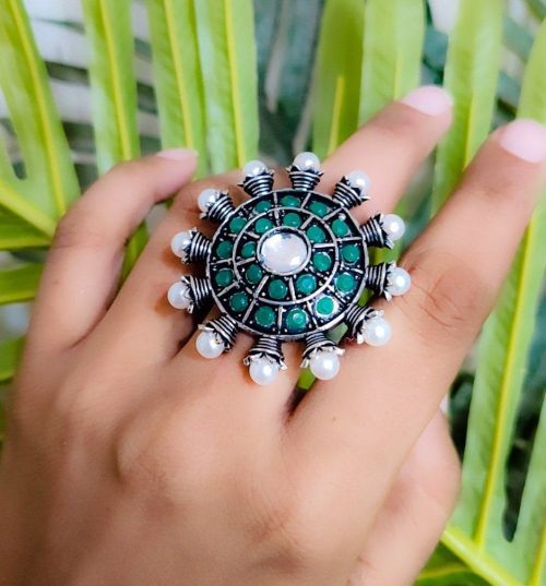 Oxidised Silver Plated Rings With Pearl Work for a Timeless Appeal