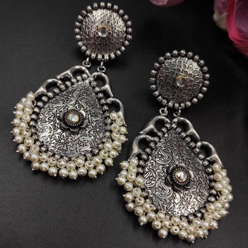 Elegant Look Oxidised Handmade Brass Earrings with Kundan Pearl Work