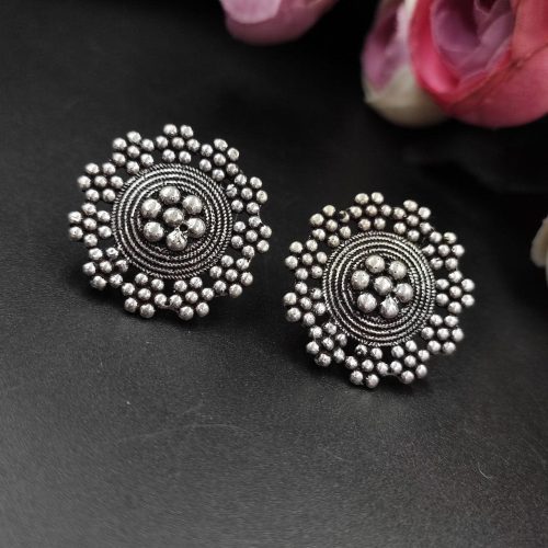 Flower Design Oxidised Silver Plated Stud Earrings