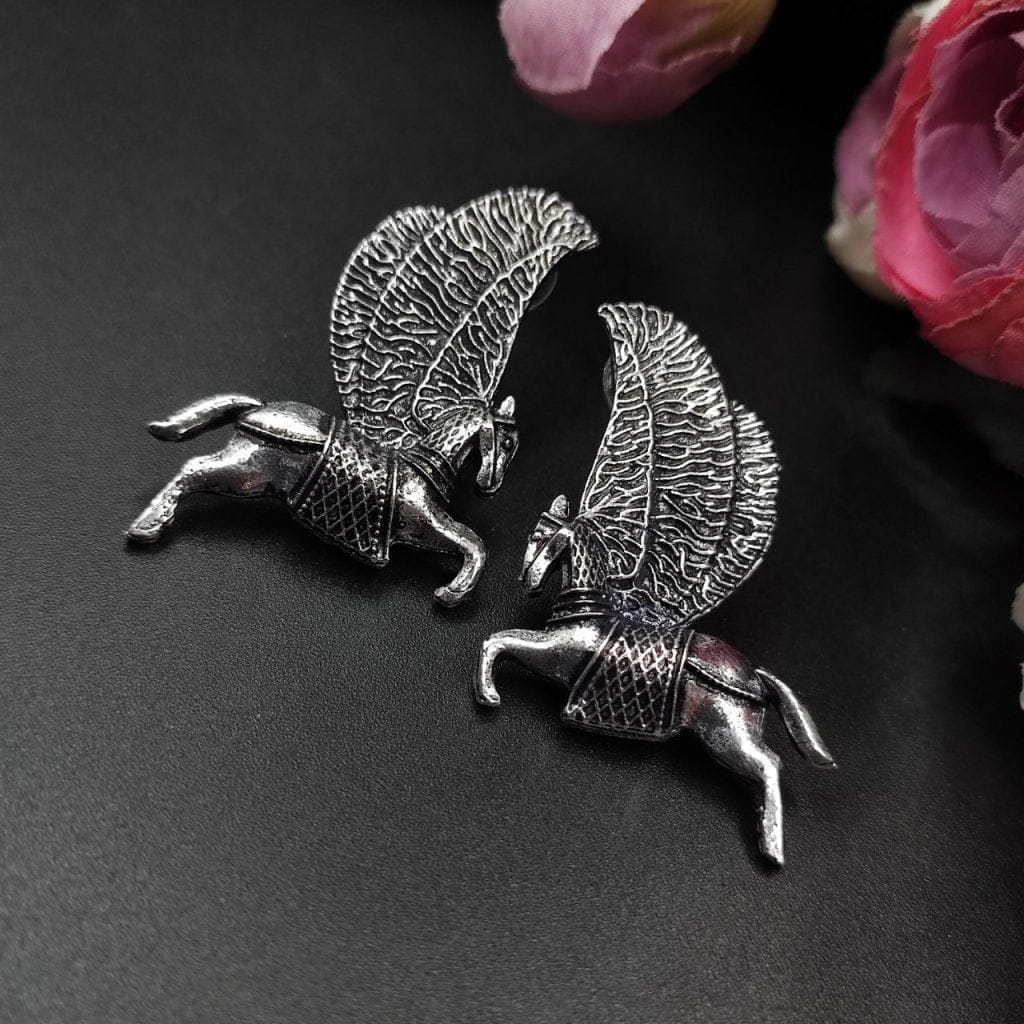 Oxidised Flying Horse Stud Earrings For Girls