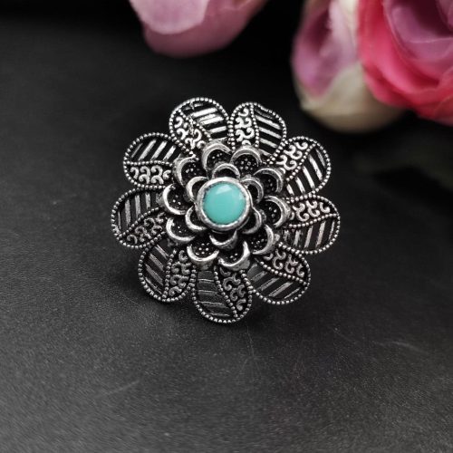 Designer Flower Silver Plated Round Oxidised Stone Work Rings - Image 8
