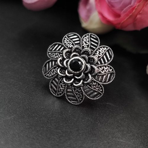 Designer Flower Silver Plated Round Oxidised Stone Work Rings - Image 10