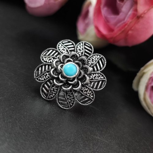 Designer Flower Silver Plated Round Oxidised Stone Work Rings - Image 9