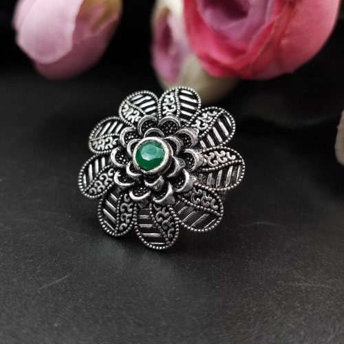 Designer Flower Silver Plated Round Oxidised Stone Work Rings - Image 11