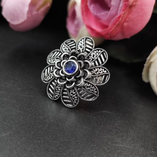 Designer Flower Silver Plated Round Oxidised Stone Work Rings - Image 12