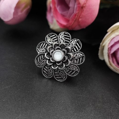 Designer Flower Silver Plated Round Oxidised Stone Work Rings - Image 7