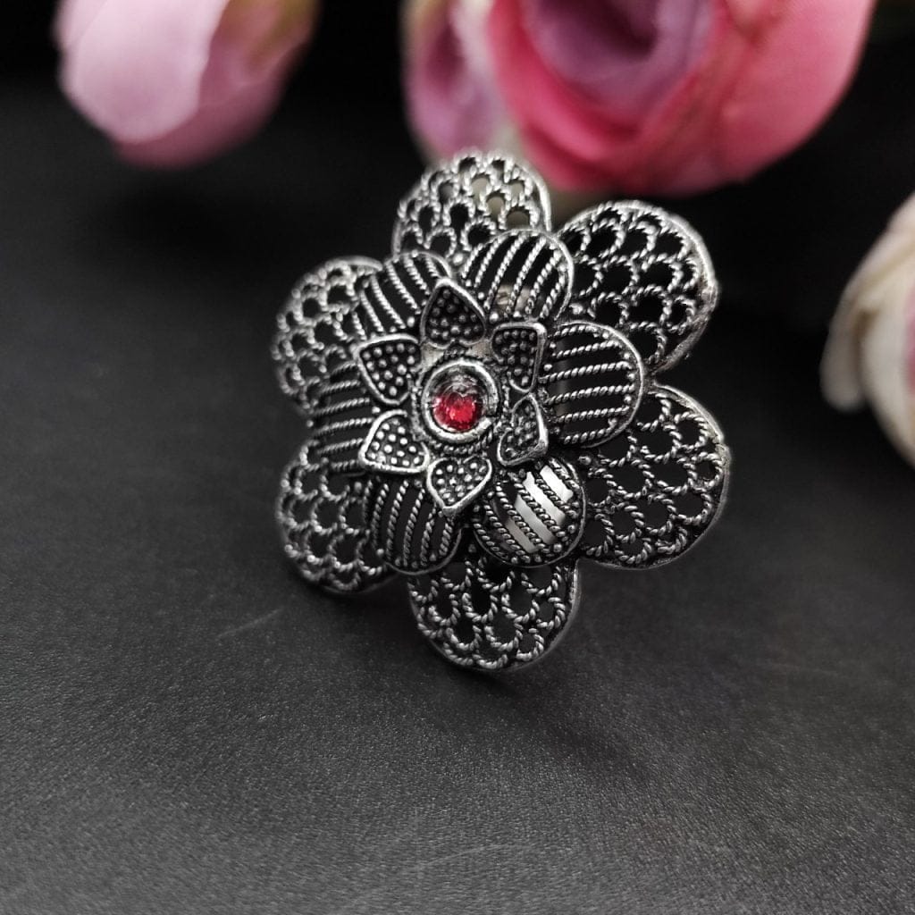 Designer Flower Silver Plated Jaali Work Oxidised Stone Rings