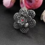 Designer Flower Silver Plated Jaali Work Oxidised Stone Rings