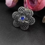 Designer Flower Silver Plated Jaali Work Oxidised Stone Rings - "Blue"