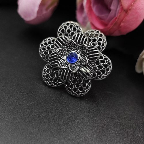 Designer Flower Silver Plated Jaali Work Oxidised Stone Rings - Image 5