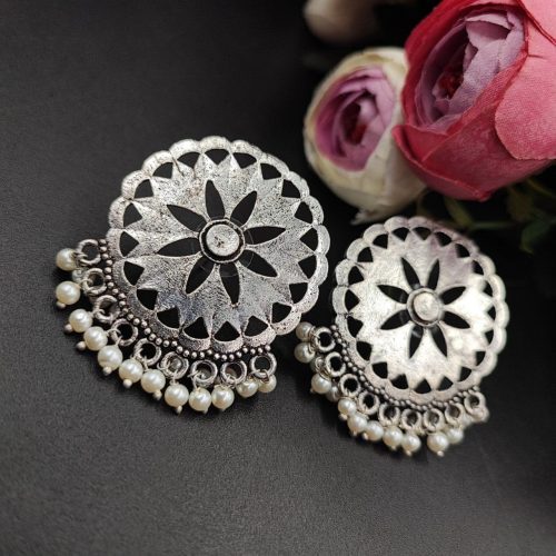 Light Weight Oxidised Silver Plated Stud Earrings With Pearl Work