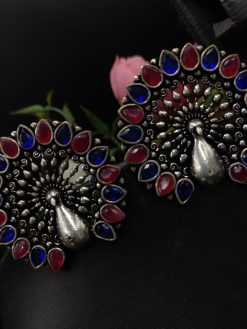 Oxidised Stone Work Peacock Stud Earrings For Girls