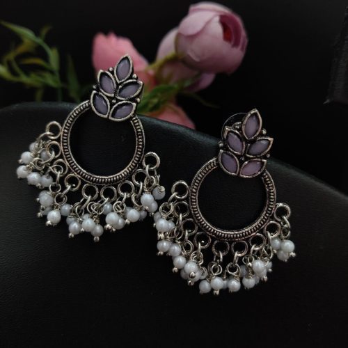 Casual Wear Chand Bali Oxidised Stone Earrings Stud Style