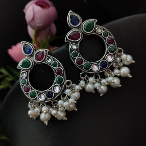 Stone Work Oxidised Replica Stone Work Stud Earrings For Girls - Image 2