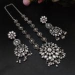 Stone Work Oxidised Silver Plated Long Necklace Set For Girls