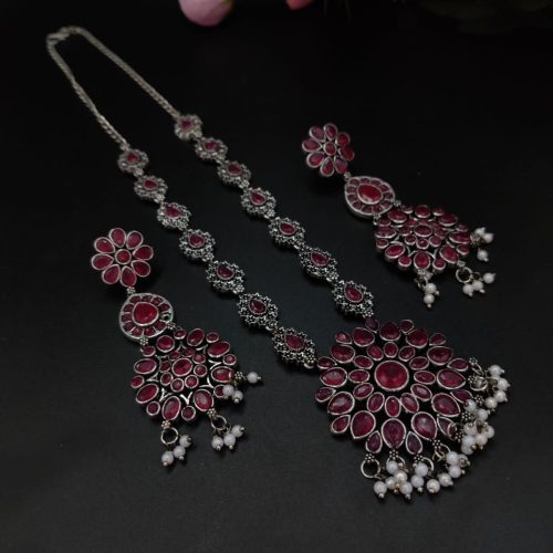 Stone Work Oxidised Silver Plated Long Necklace Set For Girls - Image 7