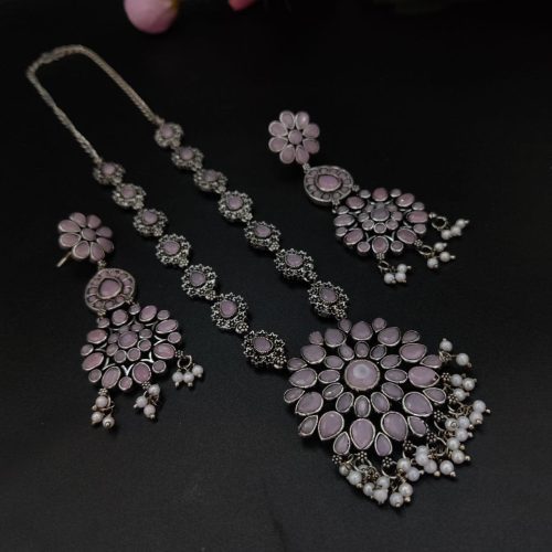 Stone Work Oxidised Silver Plated Long Necklace Set For Girls - Image 5