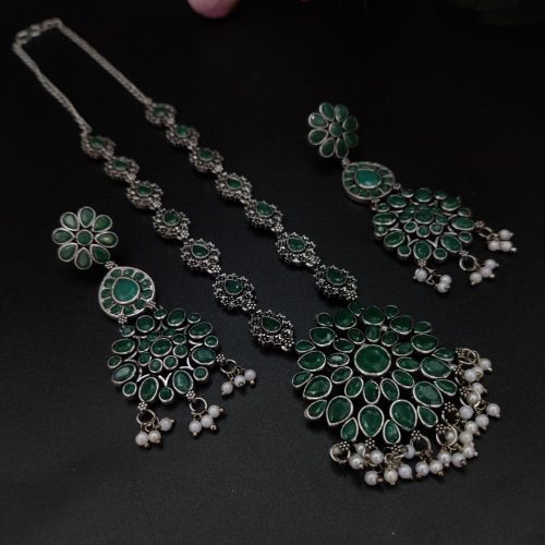 Stone Work Oxidised Silver Plated Long Necklace Set For Girls - Image 4