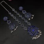 Bulk 12 Stone Work Oxidised Silver Plated Long Necklace Set For Girls - "Blue"