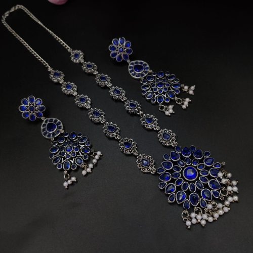 Stone Work Oxidised Silver Plated Long Necklace Set For Girls - Image 2