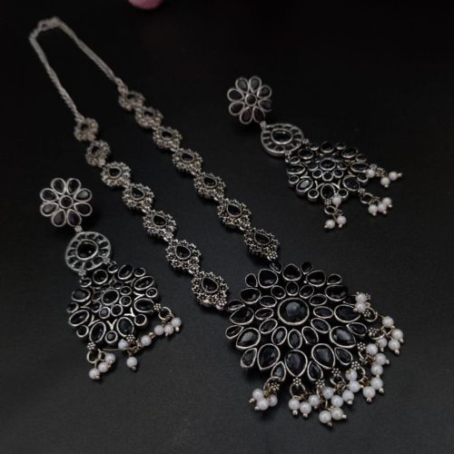 Stone Work Oxidised Silver Plated Long Necklace Set For Girls - Image 3