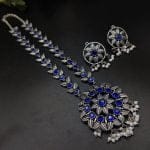 Silver Plated Oxidised Round Shape Pendent with Matching Earrings For Girls - "Blue"