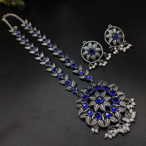 Silver Plated Oxidised Round Shape Pendent with Matching Earrings For Girls - Image 2